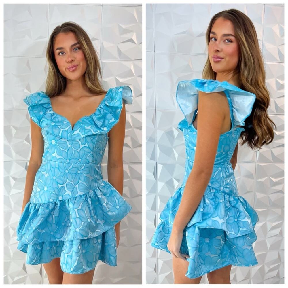 DO+BE NEW Monet Jacquard Floral Satin Ruffle Asymmetrical Mini Dress Blue Large